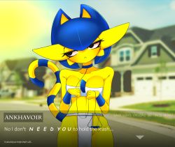 Rule 34 | 1girl, :&lt;, absurdres, animal crossing, animal ears, ankha (animal crossing), ashraely, bare shoulders, black eyes, blue hair, blue sky, blurry, blurry background, blush, bob cut, breasts, cat ears, cat tail, character name, collar, collarbone, colored skin, cowboy shot, creatures (company), day, english text, fake screenshot, female focus, furry, furry female, fusion, game freak, gardevoir, gen 3 pokemon, groin, half-closed eyes, hands up, head tilt, highres, house, leash, light blush, loincloth, looking away, looking to the side, medium breasts, nintendo, outdoors, pokemon, pokemon (creature), shiny skin, short hair, sky, solo, standing, sun, tail, talking, wristband, yellow skin
