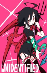 Rule 34 | 1girl, ahoge, asymmetrical wings, bad id, bad tumblr id, black dress, black hair, black thighhighs, bow, bowtie, bridal garter, dress, english text, facial mark, garter straps, hand up, highres, houjuu nue, mononomo616, nail polish, pink background, polearm, red bow, red bowtie, red eyes, red nails, sharp teeth, short dress, simple background, snake, solo, teeth, thighhighs, touhou, trident, uneven eyes, weapon, wings, wristband