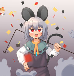 Rule 34 | 2girls, ^ ^, absurdres, animal ears, black hair, blonde hair, blue capelet, blush, capelet, chibi, chibi inset, closed eyes, commentary request, confetti, cowboy shot, crystal, dowsing rod, food, food on head, fruit, fruit on head, greenpiecerice, grey hair, grey skirt, grey vest, hair between eyes, hand on own hip, highres, jewelry, long bangs, long sleeves, looking at viewer, mouse (animal), mouse ears, mouse girl, mouse tail, multicolored hair, multiple girls, nazrin, object on head, open mouth, orange (fruit), pendant, red eyes, scissors, shirt, short hair, skirt, skirt set, smile, solo focus, streaked hair, tail, toramaru shou, touhou, two-tone hair, unfinished dream of all living ghost, vest, white shirt