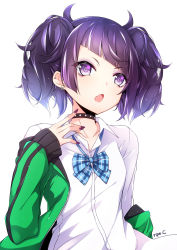 Rule 34 | 1girl, artist name, black choker, blue bow, blue neckwear, blush, bow, choker, collarbone, collared shirt, diagonal bangs, double vertical stripe, ear piercing, earrings, eyeshadow, fang, green jacket, highres, idolmaster, idolmaster shiny colors, jacket, jewelry, long sleeves, makeup, nail polish, off shoulder, open clothes, open jacket, piercing, plaid, plaid bow, plaid neckwear, purple eyes, purple hair, purple nails, ripe.c, shirt, short hair, short twintails, simple background, sleeves past wrists, solo, studded choker, tanaka mamimi, twintails, upper body, v-shaped eyebrows, white background, white shirt, wing collar