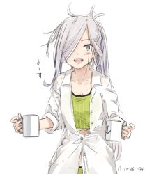 Rule 34 | 1girl, ahoge, artist name, asashimo (kancolle), camisole, cup, dated, dress shirt, green camisole, green panties, grey eyes, hair over one eye, kantai collection, kawashina (momen silicon), long hair, mug, open clothes, open mouth, panties, ponytail, sharp teeth, shirt, silver hair, simple background, smile, solo, teeth, underwear, white background, white shirt