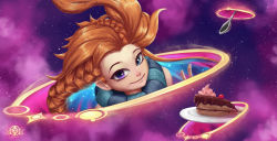 Rule 34 | 1girl, absurdres, artist logo, artist name, bare shoulders, blue eyes, braid, brown hair, closed mouth, food, geus (just geus), highres, league of legends, long hair, looking at viewer, pink background, plate, portal (object), purple background, purple eyes, smile, solo, space, spoon, zoe (league of legends)