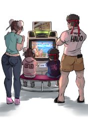 Rule 34 | 2boys, 2girls, 6maker, absurdres, arcade cabinet, ass, astro city, bench, black hair, brown hair, bun cover, capcom, casual, child, chun-li, clothes writing, commentary, crossed arms, denim, double bun, english commentary, family, father and son, hair bun, headband, highres, hood, hood down, hoodie, if they mated, jeans, looking at another, mature female, meta, mother and daughter, multiple boys, multiple girls, muscular, muscular male, pants, pink hoodie, playing games, red headband, ryu (street fighter), sandals, shirt, shorts, street fighter, street fighter ii (series), t-shirt
