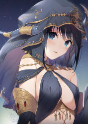 Rule 34 | 1girl, au ra, warrior of light (ff14), black hair, blue eyes, breasts, dated, detached sleeves, dragon horns, final fantasy, final fantasy xiv, headdress, highres, horns, looking at viewer, medium breasts, night, night sky, open mouth, scales, short hair, signature, sky, solo, upper body, yana mori