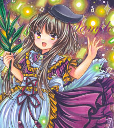 Rule 34 | 1girl, :d, apron, back bow, black hat, bow, brooch, brown hair, capelet, dress, frilled apron, frilled bow, frilled capelet, frills, green brooch, hat, holding, jewelry, long hair, looking at viewer, marker (medium), neck ribbon, nishida satono, open mouth, purple dress, purple hair, red ribbon, ribbon, ribbon-trimmed capelet, rui (sugar3), sample watermark, short sleeves, smile, solo, tassel, tate eboshi, touhou, traditional media, waist apron, watermark, white bow, white capelet