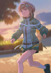 Rule 34 | 1girl, :t, backlighting, blurry, blurry background, brown eyes, brown hair, closed mouth, commentary request, feet out of frame, green jacket, hairband, heaven burns red, highres, jacket, looking afar, ooshima muua, outdoors, running, shiboshibo, sleeves past wrists, solo, sunset, sweat, white hairband, yellow jacket
