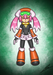 Rule 34 | 1girl, bodysuit, boots, borockman, call (mighty no. 9), detached sleeves, goggles, goggles on head, hat, knee boots, long hair, mighty no. 9, pink hair, red eyes, robot, shorts, solo, twintails