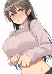 Rule 34 | 1girl, black hair, blush, breasts, clothes lift, hair ornament, hairclip, highres, kantai collection, large breasts, long hair, looking at viewer, oyashio (kancolle), simple background, smile, solo, sweater, sweater lift, taketora suzume, white background