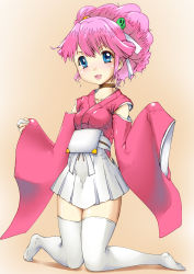 Rule 34 | 1girl, aabitan, bare shoulders, blue eyes, blush, breasts, detached sleeves, hair ornament, highres, japanese clothes, kimono, lolita fashion, long hair, open mouth, pink hair, rance (series), sengoku rance, short kimono, sill plain, simple background, skirt, sleeves past wrists, smile, solo, thighhighs, wa lolita, white thighhighs