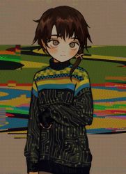Rule 34 | 1girl, asymmetrical hair, blush, brown eyes, brown hair, closed mouth, expressionless, hair ornament, io (onisarashi), iwakura lain, jean paul gaultier (brand), long sleeves, looking at viewer, multicolored background, multicolored clothes, multicolored sweater, serial experiments lain, single sidelock, sleeves past wrists, solo, sweater, turtleneck, turtleneck sweater, upper body, x hair ornament