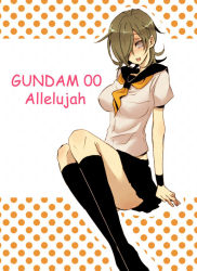 00s 1girl allelujah_haptism bad_id bad_pixiv_id breasts brown_hair female_focus genderswap genderswap_(mtf) grey_eyes gundam gundam_00 kneehighs large_breasts reito school_uniform serafuku short_hair socks solo wristband