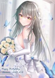 Rule 34 | 1girl, alternate costume, black hair, bouquet, bug, butterfly, character name, column, cowboy shot, dress, flower, from behind, hair ornament, hairband, hairclip, happy birthday, haruna (kancolle), highres, insect, kantai collection, long hair, looking at viewer, pillar, rose, solo, strapless, strapless dress, white dress, white flower, white hairband, white rose, yellow eyes, zangetsu yuki yuki