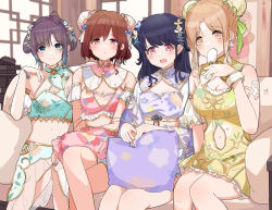 Rule 34 | 4girls, arm cuffs, asakura toru, black hair, blonde hair, blue eyes, blue hair, blue nails, blush, bob cut, bracelet, breasts, brown hair, cleavage, cleavage cutout, clothing cutout, commentary request, couch, double bun, dress, earrings, eating, expressionless, fang, floral print, flower, food, fukumaru koito, gradient hair, hair bun, hair flower, hair ornament, highres, higuchi madoka, ichikawa hinana, idolmaster, idolmaster shiny colors, indoors, jewelry, large breasts, long hair, looking at viewer, midriff, mole, mole under eye, multicolored hair, multiple girls, navel cutout, noctchill (idolmaster), on couch, open mouth, pillow, popsicle, raichita, red eyes, short hair, sitting, small breasts, smile, yellow eyes