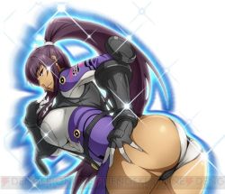 Rule 34 | amanomiya ayame, ass, back cutout, banpresto, bent over, bodysuit, breasts, clothing cutout, crotch, finger to mouth, hand on own ass, large breasts, long hair, looking at viewer, lowres, official art, ponytail, super robot wars, super robot wars x-omega, thighs