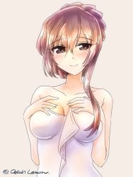 Rule 34 | 1girl, bad id, bad twitter id, bare shoulders, blush, breasts, closed mouth, commentary, girls und panzer, grey background, hair over shoulder, hair up, half-closed eyes, hands on own chest, large breasts, long hair, looking back, mature female, naked towel, oekaki lemon, one-hour drawing challenge, shimada chiyo, simple background, smile, solo, towel, twitter username, upper body