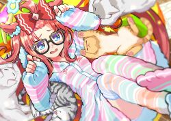 Rule 34 | 1girl, agnes digital (umamusume), ahoge, alternate costume, alternate hairstyle, animal ears, bespectacled, blue eyes, blurry, blurry foreground, blush, bow, breasts, cat, commentary request, forehead, glasses, hair bow, hair ornament, highres, horse ears, horse tail, kingin, long hair, looking at viewer, lying, open mouth, pajamas, paw pose, pink hair, shorts, small breasts, socks, solo, tail, thighhighs, umamusume