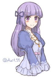 Rule 34 | 10s, 1girl, aikatsu!, aikatsu! (series), azit (possibilite), bad id, bad pixiv id, bow, frills, hair bow, hikami sumire, hime cut, jewelry, long hair, necklace, purple eyes, purple hair, sketch, smile, solo, twitter username, v arms, white background