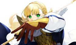 Rule 34 | 1girl, armor, blonde hair, braid, brown gloves, cape, covering own mouth, crown braid, fire emblem, fire emblem heroes, gloves, green eyes, holding, holding polearm, holding weapon, ikura (downdexp), long hair, looking at viewer, nintendo, polearm, sharena (fire emblem), solo, upper body, weapon, white background