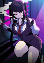 Rule 34 | 1girl, absurdres, cigarette, highres, jill stingray, long hair, necktie, purple hair, red eyes, red necktie, saltnvalk, smoke, smoking, solo, thighs, twintails, va-11 hall-a