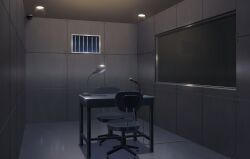 Rule 34 | absurdres, air vent, camera, ceiling, ceiling light, chair, highres, indoors, interrogation, lamp, no humans, office chair, original, scenery, security camera, swivel chair, tile wall, tiles, window, yu02257951