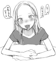 Rule 34 | 1girl, blush, female focus, forehead, greyscale, haguhagu (rinjuu circus), highres, long hair, long tongue, looking at viewer, monochrome, nose blush, original, own hands together, pov across table, sasha (haguhagu), shirt, short sleeves, simple background, smile, solo, table, tongue, tongue out, translation request, upper body, white background