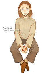 Rule 34 | 1girl, a song of ice and fire, apple, artist request, arya stark, blue eyes, brown hair, child, female focus, food, fruit, long hair, simple background, smile, solo