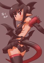 Rule 34 | 1girl, aku-yome, ass, backless outfit, bad id, bad tumblr id, black hair, black panties, black thighhighs, blush, breasts, butt crack, clothing cutout, commentary request, demon girl, demon tail, elbow gloves, gloves, head wings, highres, low wings, matsuda yuusuke, microskirt, miniskirt, original, panties, pantyshot, pleated skirt, pointy ears, red eyes, ringed eyes, sideboob, skirt, small breasts, smile, solo, tail, tail through clothes, thighhighs, translation request, underwear, upskirt, wings