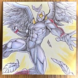 Rule 34 | 1boy, angel wings, clenched hand, epic, faceless, feathered wings, feathers, flying, full body, kinnikuman, large pectorals, muscular, pectorals, pentagon (character), photo (medium), shikishi, simple background, wings, wrestling