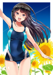 Rule 34 | 1girl, :d, arm up, black hair, blue eyes, blue one-piece swimsuit, blue sky, braid, breasts, cloud, commentary request, competition swimsuit, covered navel, cowboy shot, day, flower, french braid, gluteal fold, hair ornament, hairclip, large breasts, long hair, looking at viewer, nijisanji, one-piece swimsuit, open mouth, outdoors, sakayama shinta, sky, smile, solo, standing, sunflower, swimsuit, teeth, tsukino mito, upper teeth only, virtual youtuber