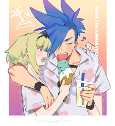 Rule 34 | 2boys, arm around shoulder, blue hair, blush, closed eyes, cup, disposable cup, eating, eyewear on head, food, galo thymos, green hair, hair over one eye, highres, holding, holding cup, holding food, ice cream, ice cream cone, lio fotia, male focus, multiple boys, musical note, promare, purple eyes, shirt, short sleeves, simple background, spiked hair, sunglasses, t-shirt, yagita (astronomie), yaoi