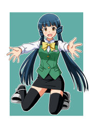 Rule 34 | 1girl, black skirt, black thighhighs, blue hair, blunt bangs, blush, border, bow, bowtie, breasts, buttons, commentary request, cosplay, green background, green vest, idolmaster, idolmaster million live!, kitakami reika, kneeling, legs, lielos, long hair, long sleeves, looking at viewer, low twintails, medium breasts, name tag, open mouth, otonashi kotori, otonashi kotori (cosplay), outstretched arms, pencil skirt, sandals, shirt, skirt, smile, solo, thighhighs, thighs, twintails, vest, white border, white footwear, white shirt, yellow bow, yellow bowtie, yellow eyes, zettai ryouiki