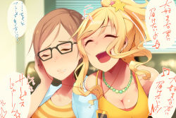 Rule 34 | 10s, 2girls, ^ ^, aikawa chinatsu, annoyed, blonde hair, breasts, brown hair, cleavage, commentary request, digital media player, earphones, closed eyes, glasses, grimace, happy, highres, idolmaster, idolmaster cinderella girls, jewelry, multiple girls, necklace, ohtsuki yui, open mouth, ponytail, sabi wasabi, shared earphones, short hair, translation request, upper body