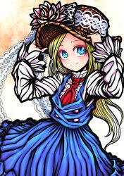 Rule 34 | 1girl, absurdres, adjusting clothes, adjusting headwear, blonde hair, blue dress, blue eyes, blush, commentary request, commission, dress, flower, hat, hat flower, highres, long hair, long sleeves, looking at viewer, nazo no diaboro, necktie, original, pink flower, red necktie, ringed eyes, sara (eturanyo), shirt, smile, solo, upper body, white shirt