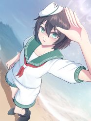 Rule 34 | 1girl, black footwear, black hair, blurry, blush, bokeh, collarbone, day, depth of field, from above, full body, green eyes, hair between eyes, hand up, hat, looking at viewer, missan sun, murasa minamitsu, neckerchief, open mouth, outdoors, red neckerchief, sailor collar, sailor hat, shadow, shore, short hair, short sleeves, shorts, solo, sunlight, touhou, white hat, white shorts