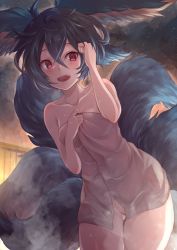 Rule 34 | 1girl, animal ears, bath, blue hair, convenient censoring, covering privates, crossed bangs, fox ears, fox girl, fox tail, granblue fantasy, hair between eyes, highres, holding, holding towel, naked towel, nude, nude cover, onsen, red eyes, rock, short hair, sky, solo, star (sky), starry sky, steam, tail, tail raised, towel, water, wet, white towel, you (granblue fantasy), yue (lov n n)