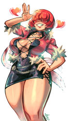 Rule 34 | 1girl, breasts, center opening, cleavage, cross-laced clothes, curvy, dress, fur trim, gerph, hair over eyes, hand on own hip, heart, highres, jacket, large breasts, navel, pink jacket, red hair, shermie (kof), short dress, simple background, smile, solo, stomach, the king of fighters, the king of fighters xv, thick thighs, thighs