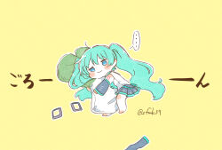 Rule 34 | ..., 1girl, :3, ahoge, bare shoulders, barefoot, belt, black skirt, black sleeves, blue eyes, blue hair, blue necktie, blush stickers, chibi, collared shirt, detached sleeves, food-themed pillow, from above, full body, hair ornament, hatsune miku, highres, hugging object, long bangs, long hair, long sleeves, looking at viewer, loose belt, necktie, number tattoo, pillow, pillow hug, pleated skirt, sa-fu (sfmk39), shirt, sidelocks, simple background, skirt, sleeveless, sleeveless shirt, solo, spoken ellipsis, spring onion, tattoo, twintails, unworn hair ornament, unworn thighhighs, very long hair, vocaloid, white shirt, yellow background