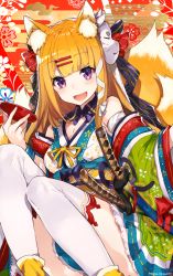 Rule 34 | 1girl, :d, animal ears, artist name, blonde hair, blunt bangs, bow, breasts, cherry blossoms, cleavage, collaboration, cup, flower, fox ears, fox tail, furisode, hair ornament, hairpin, highres, hiiragi ryou, holding, holding cup, japanese clothes, katana, kimono, kimono skirt, long hair, looking at viewer, mask, mask on head, md5 mismatch, mika pikazo, obi, open mouth, original, plum blossoms, purple eyes, resolution mismatch, sakazuki, sash, sheath, sheathed, signature, sitting, smile, solo, source larger, sword, tail, thighhighs, weapon, white thighhighs, yellow bow