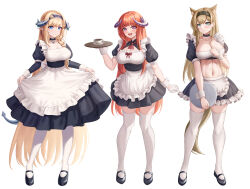 Rule 34 | 3girls, :d, absurdres, alternate costume, animal ears, apron, aqua eyes, arknights, bagpipe (arknights), black choker, black dress, black footwear, black hairband, black skirt, blonde hair, blue eyes, blue hairband, blush, braid, breasts, choker, cleavage, commentary, crop top, cup, dress, enmaided, frilled apron, frills, full body, gloves, gongbangmanchi (daisy cutter), hairband, hand up, highres, holding, holding tray, horn (arknights), horns, large breasts, long hair, looking at viewer, maid, mary janes, midriff, miniskirt, multiple girls, navel, open mouth, orange hair, pantyhose, puffy short sleeves, puffy sleeves, purple eyes, saileach (arknights), shoes, short sleeves, simple background, single braid, skirt, skirt hold, smile, standing, stomach, teacup, thighhighs, tray, very long hair, waist apron, white apron, white background, white gloves, white pantyhose, white thighhighs, wolf ears, wrist cuffs, zettai ryouiki