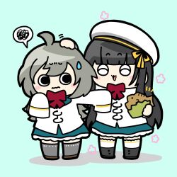 Rule 34 | 2girls, :3, ^ ^, aqua background, arm up, assault lily, beret, black footwear, black hair, blue skirt, blunt bangs, blush, bow, bowtie, brown footwear, chibi, closed eyes, closed mouth, commentary, flower (symbol), food, full body, grey hair, grey thighhighs, hand on another&#039;s head, hand up, hands up, hat, hat ribbon, headpat, herensuge girls academy school uniform, highres, holding, holding food, jacket, konpeitoull (c12h22o11 tr 6), long hair, long sleeves, looking at another, looking to the side, miniskirt, morimoto yuni, motion lines, multiple girls, notice lines, open mouth, outstretched arm, pushing away, red bow, red bowtie, ribbon, sasaki ran, school uniform, shoes, side-by-side, sideways glance, simple background, skirt, sleeves past wrists, smile, solid circle pupils, speech bubble, spoken squiggle, squiggle, standing, sweatdrop, taiyaki, thighhighs, v-shaped eyebrows, very long hair, wagashi, wavy mouth, white headwear, white jacket, white thighhighs, yellow ribbon