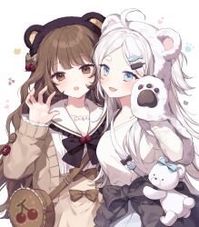 Rule 34 | 2girls, :d, ahoge, animal bag, animal ears, bag, bear ears, bear hat, black bow, black headwear, blue eyes, bow, brown bow, brown eyes, brown hair, brown jacket, brown skirt, commentary, eyebrows hidden by hair, fake animal ears, fang, fish hair ornament, frilled sailor collar, frilled sleeves, frills, hair ornament, hand up, heart, high-waist skirt, highres, jacket, long hair, long sleeves, moffle (ayabi), multiple girls, open clothes, open jacket, open mouth, original, parted bangs, pleated skirt, romaji commentary, sailor collar, shirt, short eyebrows, shoulder bag, simple background, skirt, sleeves past wrists, smile, thick eyebrows, very long hair, white background, white hair, white headwear, white sailor collar, white shirt, white skirt