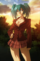 00s 1girl breasts cleavage green_eyes green_hair highres ikkitousen large_breasts ryofu_housen solo stitched third-party_edit twintails