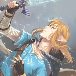 Rule 34 | 1boy, blonde hair, blue eyes, blue tunic, cape, earrings, eorinamo, fingerless gloves, gloves, hair between eyes, highres, holding, holding sword, holding weapon, hood, hood down, hooded cape, jewelry, link, long sleeves, low ponytail, male focus, master sword, nintendo, pointy ears, scar, scar on face, shirt, sidelocks, solo, sword, the legend of zelda, the legend of zelda: breath of the wild, upper body, weapon, white shirt