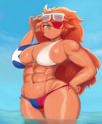 Rule 34 | 1girl, abs, adjusting glasses, bikini, blue eyes, breasts, collarbone, day, eyepatch, female focus, glasses on head, highres, large breasts, long hair, looking to the side, muscular, muscular female, ocean, orange hair, original, parted lips, partially submerged, shiny skin, solo, star (symbol), string bikini, swimsuit, tainypie, tan, texas flag, thick thighs, thighs, water, zess (zesty jesus)