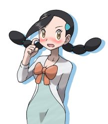 Rule 34 | 1girl, alternate costume, arm behind back, bad id, bad pixiv id, black hair, blush, bow, breasts, candice (pokemon), cleavage, collarbone, cosplay, cowboy shot, creatures (company), dress, drop shadow, female focus, game freak, gym leader, hair ornament, hair tie, hairclip, hand up, jasmine (pokemon), jasmine (pokemon) (cosplay), long hair, long sleeves, looking at viewer, multi-tied hair, multicolored clothes, multicolored dress, nintendo, nose blush, open mouth, pokemon, pokemon dppt, pokemon hgss, red bow, simple background, small breasts, solo, standing, tellzeta, twintails, white background, yellow eyes