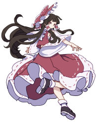 Rule 34 | 1girl, absurdres, bow, brown eyes, brown footwear, brown hair, collared shirt, frilled bow, frilled hair tubes, frilled shirt collar, frilled skirt, frills, hair bow, hair tubes, hakurei reimu, highres, kame (kamepan44231), long hair, looking back, one-hour drawing challenge, red bow, red shirt, red skirt, ribbon-trimmed sleeves, ribbon trim, sarashi, shirt, shoes, sidelocks, simple background, skirt, sleeveless, sleeveless shirt, solo, touhou, very long hair, white background, white sleeves, wide sleeves