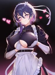 Rule 34 | 1girl, apron, arm between breasts, azur lane, bellona (armed to clean) (azur lane), bellona (azur lane), belt, between breasts, black belt, black dress, breast hold, breasts, chest belt, closed mouth, clothing cutout, commentary request, commission, cowboy shot, dress, gao kawa, gloves, grey hair, hair between eyes, heart, heart-shaped pupils, highres, juliet sleeves, large breasts, long sleeves, looking at viewer, maid, maid apron, maid headdress, official alternate costume, puffy sleeves, purple eyes, short hair, sidelocks, skeb commission, smile, solo, standing, steam, symbol-shaped pupils, underboob, underboob cutout, white gloves