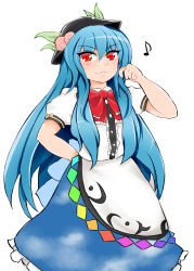 Rule 34 | 1girl, :3, absurdres, adjusting hair, blue hair, blush, bow, dress, food, food on head, fruit, fruit on head, hat, highres, hinanawi tenshi, king (ougon kingyo-bachi), large bow, layered dress, long hair, looking at viewer, musical note, object on head, peach, puffy short sleeves, puffy sleeves, red eyes, short sleeves, sketch, smug, solo, touhou, tsurime, very long hair