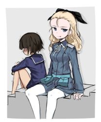Rule 34 | 2girls, :q, arm support, belt, black ribbon, blonde hair, blue eyes, blue jacket, blush, commentary, fankupl, from side, hair pulled back, hair ribbon, highres, hugging own legs, jacket, long sleeves, mika ahonen, military, military uniform, multiple girls, pantyhose, ribbon, sakomizu haruka, shadow, sitting, sketch, smile, stairs, strike witches: aurora no majo, strike witches: suomus misfits squadron, symbol-only commentary, tongue, tongue out, trembling, uniform, utility belt, white legwear, world witches series