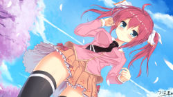Rule 34 | 1girl, ahoge, artist name, bad id, bad pixiv id, black necktie, black thighhighs, blue eyes, blue sky, blush, breasts, brown skirt, cherry blossoms, closed mouth, cloud, commentary request, contrail, day, dutch angle, from below, gluteal fold, hair between eyes, hair ribbon, hands up, heart, highres, holding, holding own hair, liuqin, long hair, long sleeves, looking at viewer, medium breasts, mengjing xia de yueding, necktie, outdoors, petals, petticoat, pink shirt, pleated skirt, red hair, red ribbon, ribbon, shirt, signature, skirt, sky, smile, solo, standing, thighhighs, thighs, tree, twintails, white ribbon, wind, yi (sad55566777)